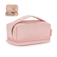 Bolsa de maquiagem com compartimento para escovas de viagem de camada dupla de grande capacidade para mulheres, maquiagem para banheiro, bolsa de cosméticos rosa portátil