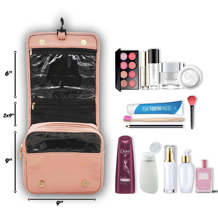 Estojo de cosméticos de viagem de luxo PU para pendurar bolsa de higiene pessoal organizador de maquiagem multiuso com bolsos de PVC à prova d'água